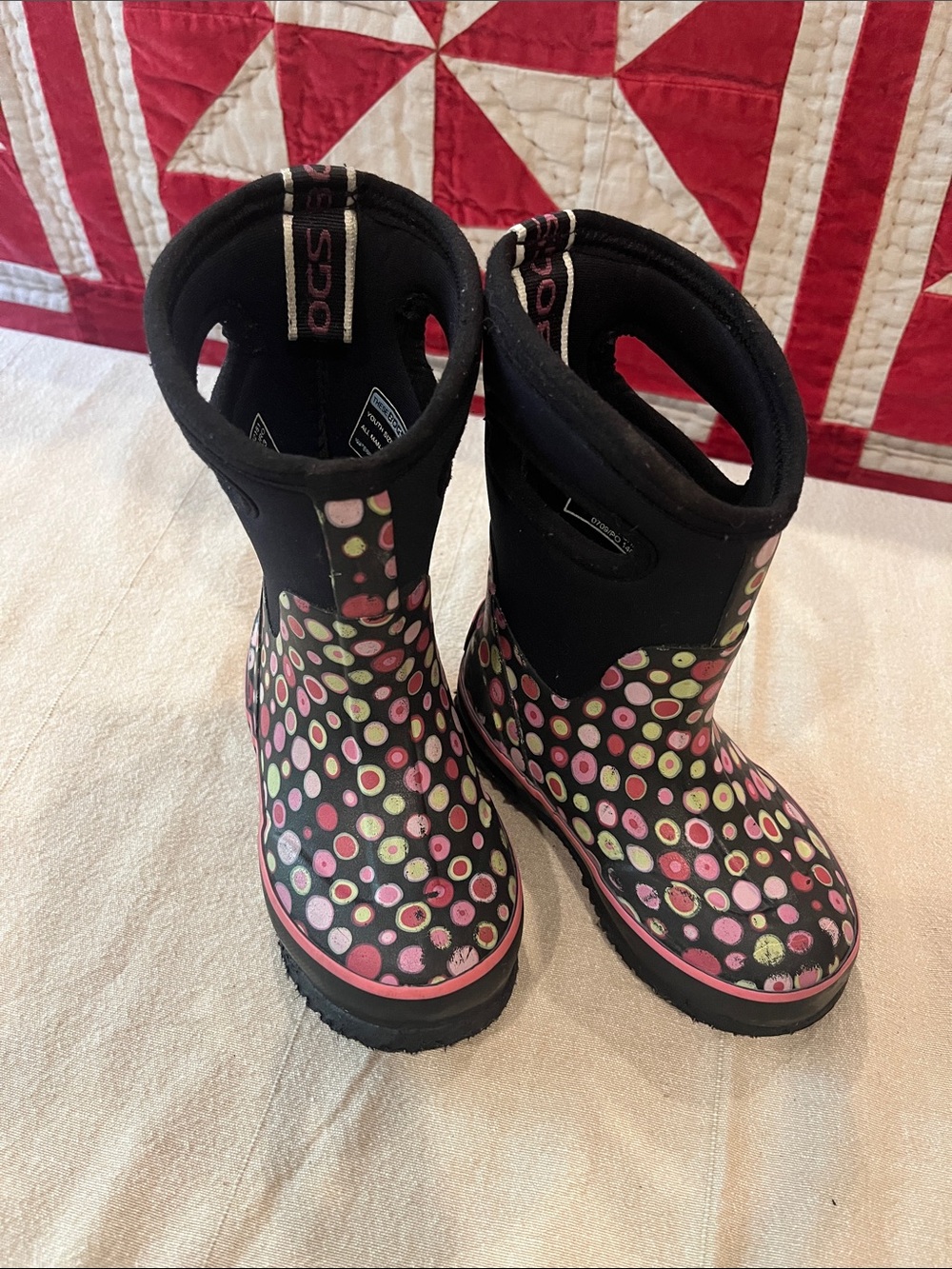Bogs Kids Black Rain & Snow Boots with Pink and Green Polka Dots